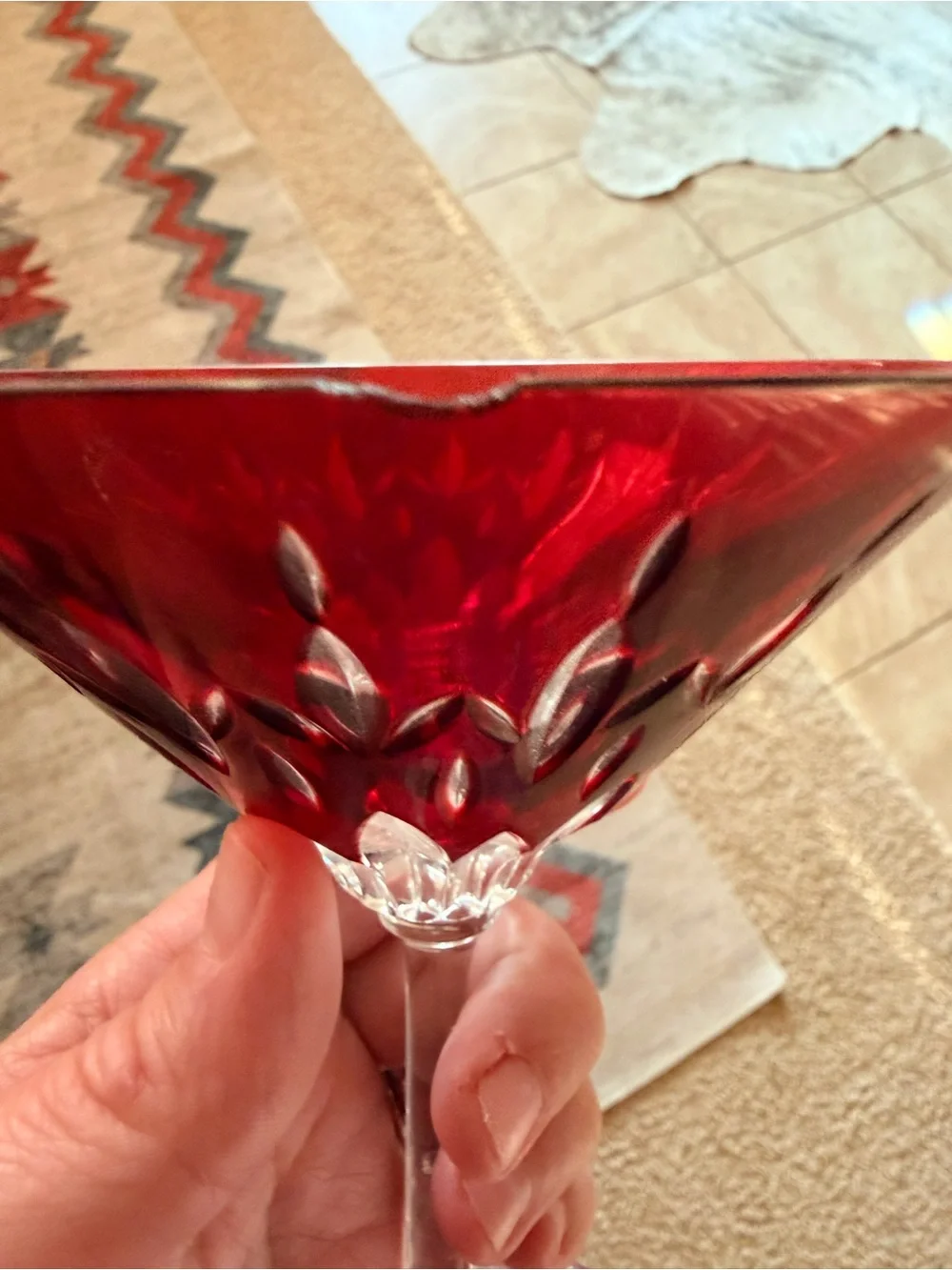 Red Cut Diamond Waterford Lismore Martini Glass with a sticker